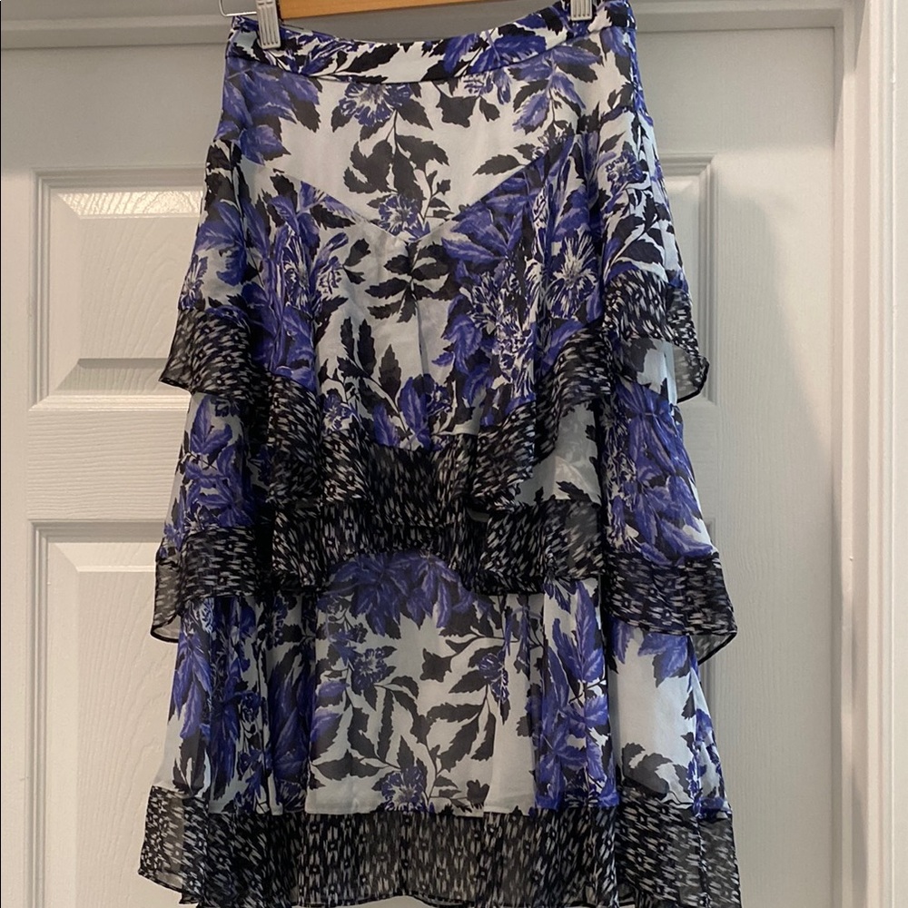 Rebecca Taylor A-Line Midi Silk Skirt in Purple and Blue